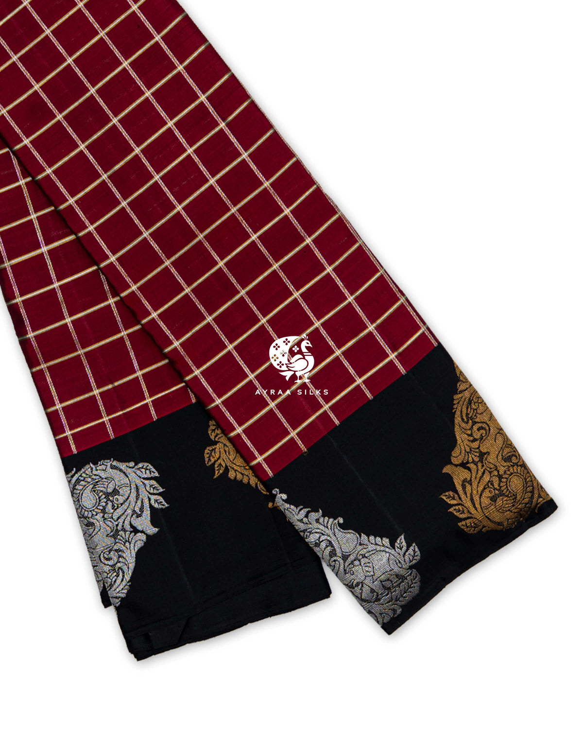 Maroon and Black Kattam Mayil Kanchipuram silk saree folded, showing the zari checks and black border with gold and silver zari peacocks