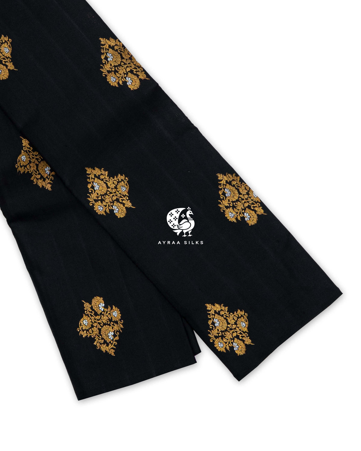 Black and Lavender Floral Butta Kanchipuram silk saree folded, showing the borderless black body with gold zari floral buttas