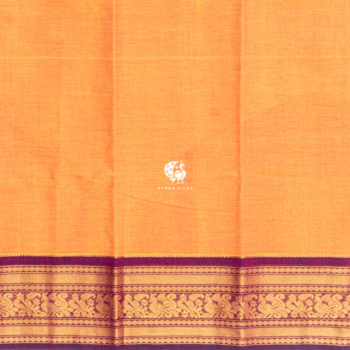 Orange and Purple Mayil Kanchi cotton saree in marigold orange with wine purple, view 5 of 6 — handwoven pure cotton, Ayraa Silks