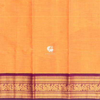Orange and Purple Mayil Kanchi cotton saree in marigold orange with wine purple, view 5 of 6 — handwoven pure cotton, Ayraa Silks