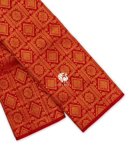 Red Zari Brocade Kanchipuram silk saree folded, showing the borderless edge with all-over zari in square and diamond frames