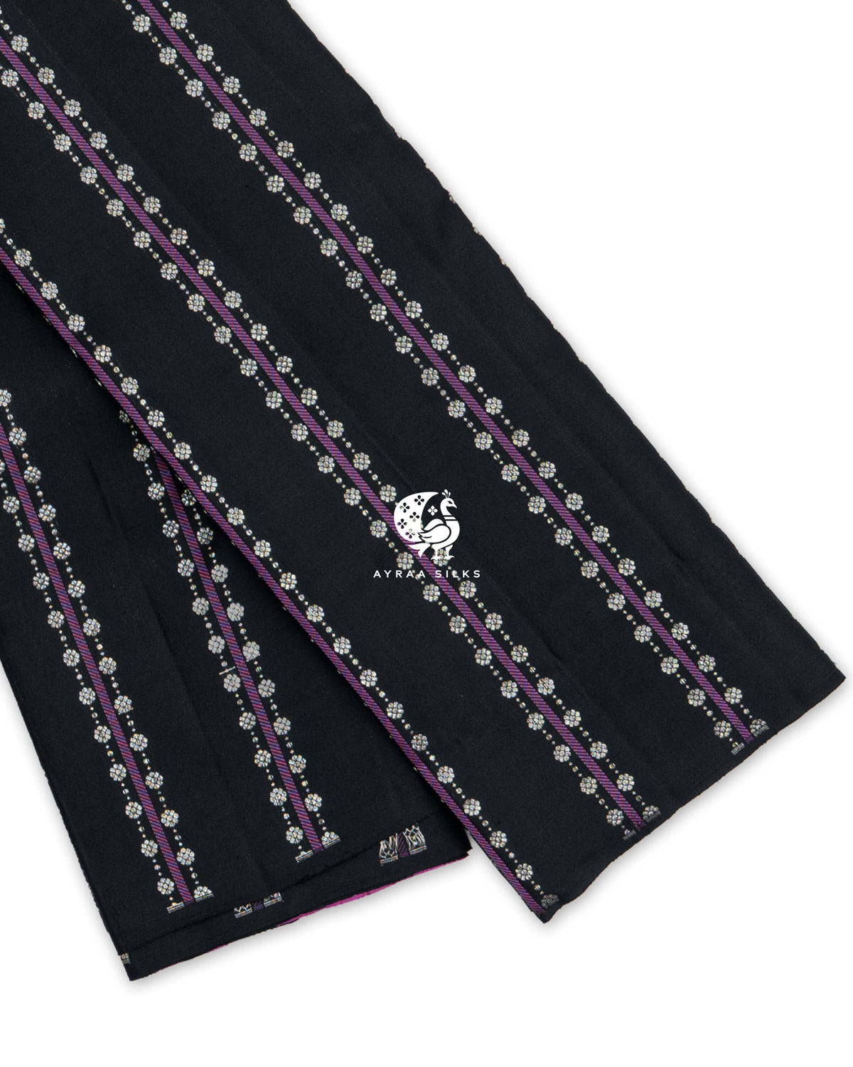 Black Kanchipuram pattu saree with purple stripes and floral zari buttas, showing the borderless edge