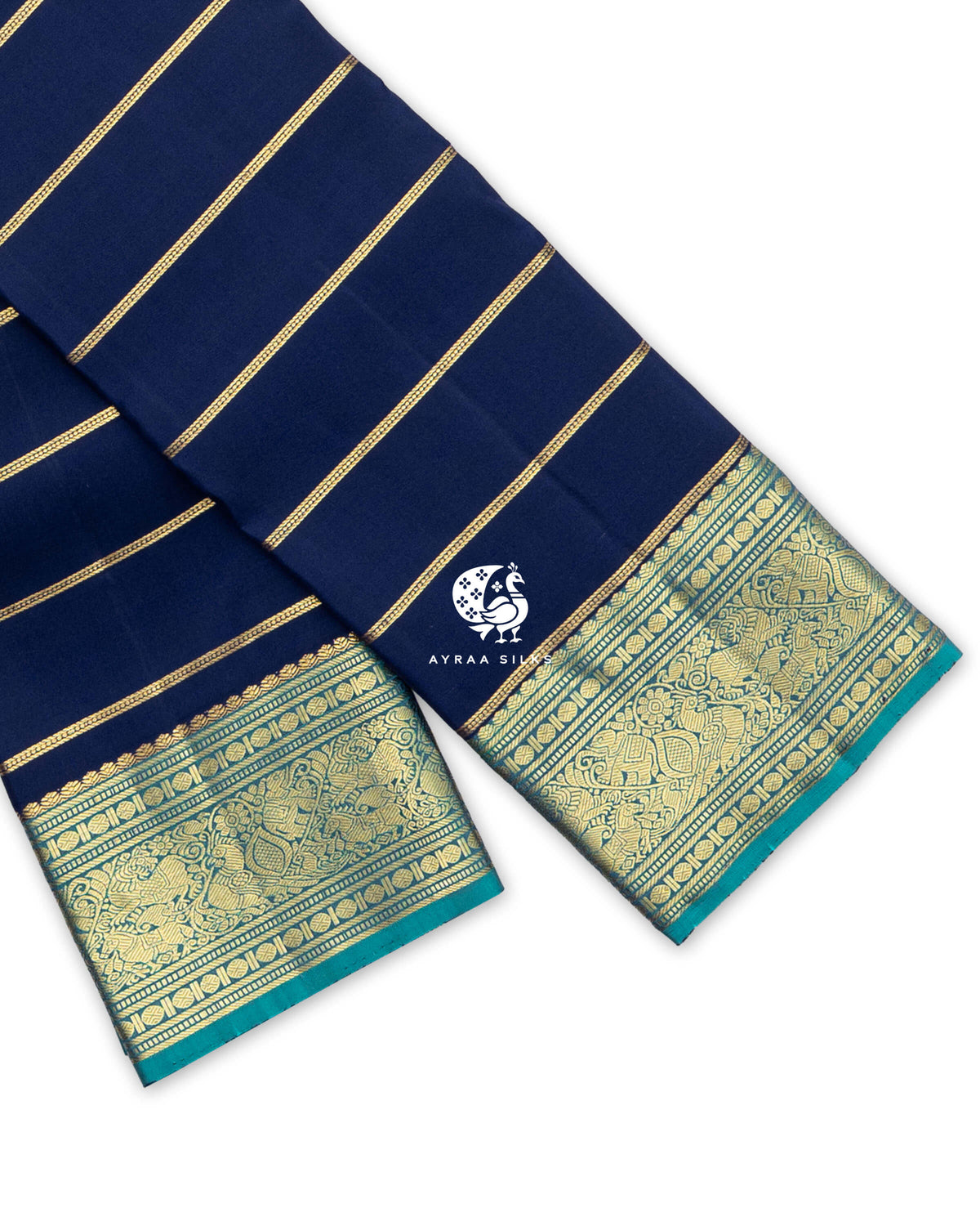 Navy blue Kanchipuram pattu saree with zari stripes and a teal zari border of Yaanai (elephant), Mayil (peacock) and manga motifs