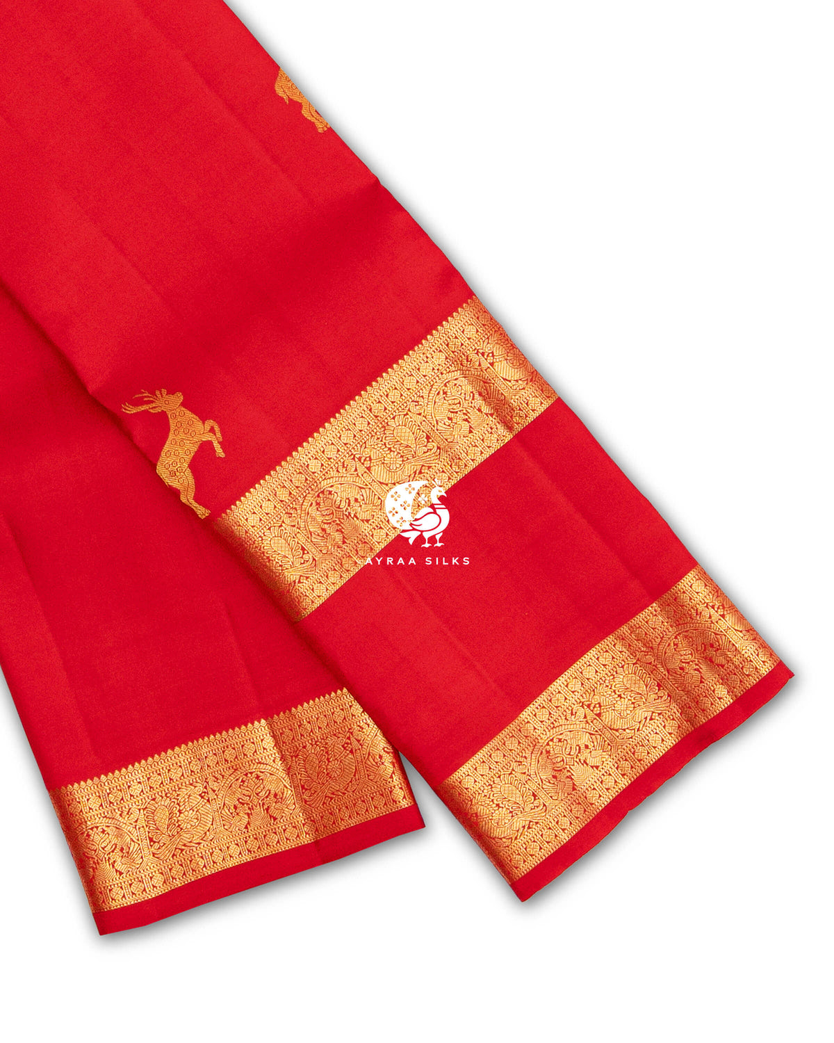 Red Rettai Pettu Maan Butta Kanchipuram silk saree folded, showing the double gold zari border and a leaping deer zari butta