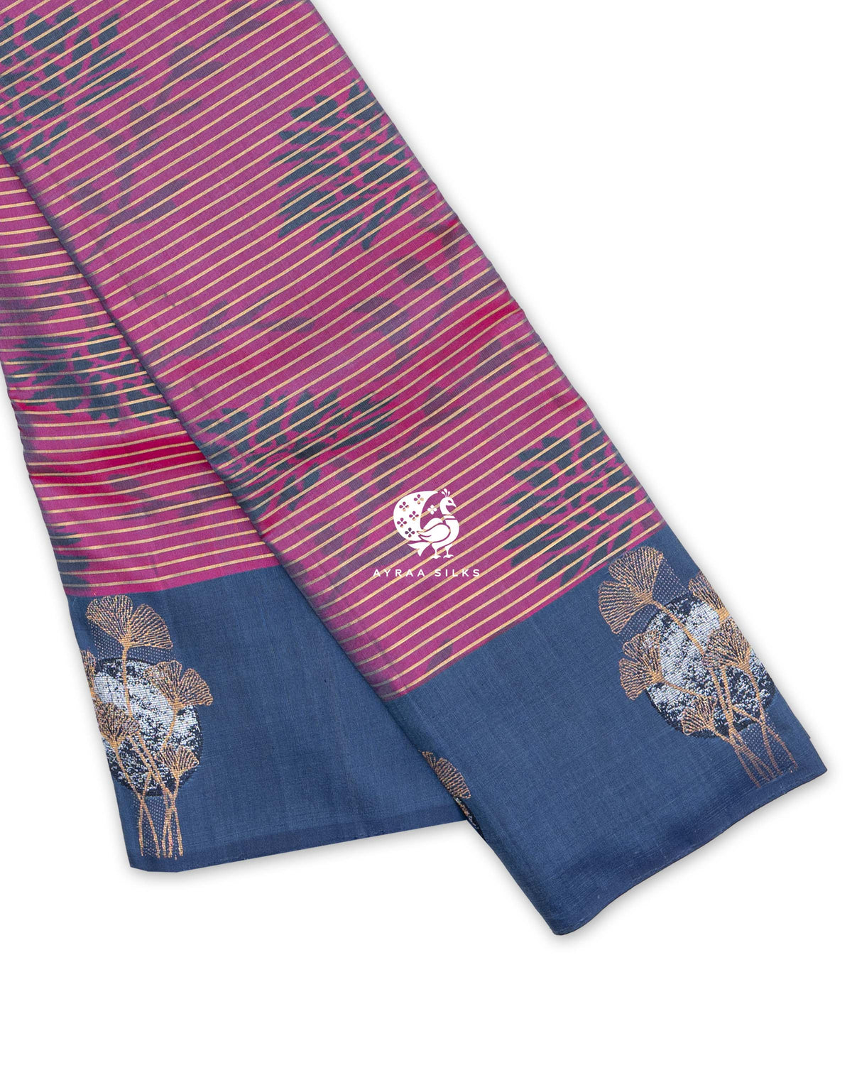 Slate blue border with zari ginkgo leaf sprays over silver-toned moon motifs, Magenta and Slate Blue Ikat Ginkgo Moon Kanchipuram silk saree, Ayraa Silks