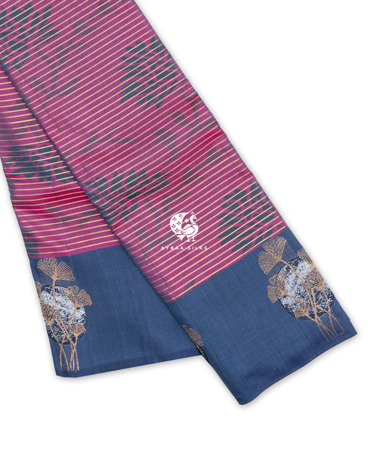 Slate blue border with zari ginkgo leaf sprays over silver-toned moon motifs, Magenta and Slate Blue Ikat Ginkgo Moon Kanchipuram silk saree, Ayraa Silks