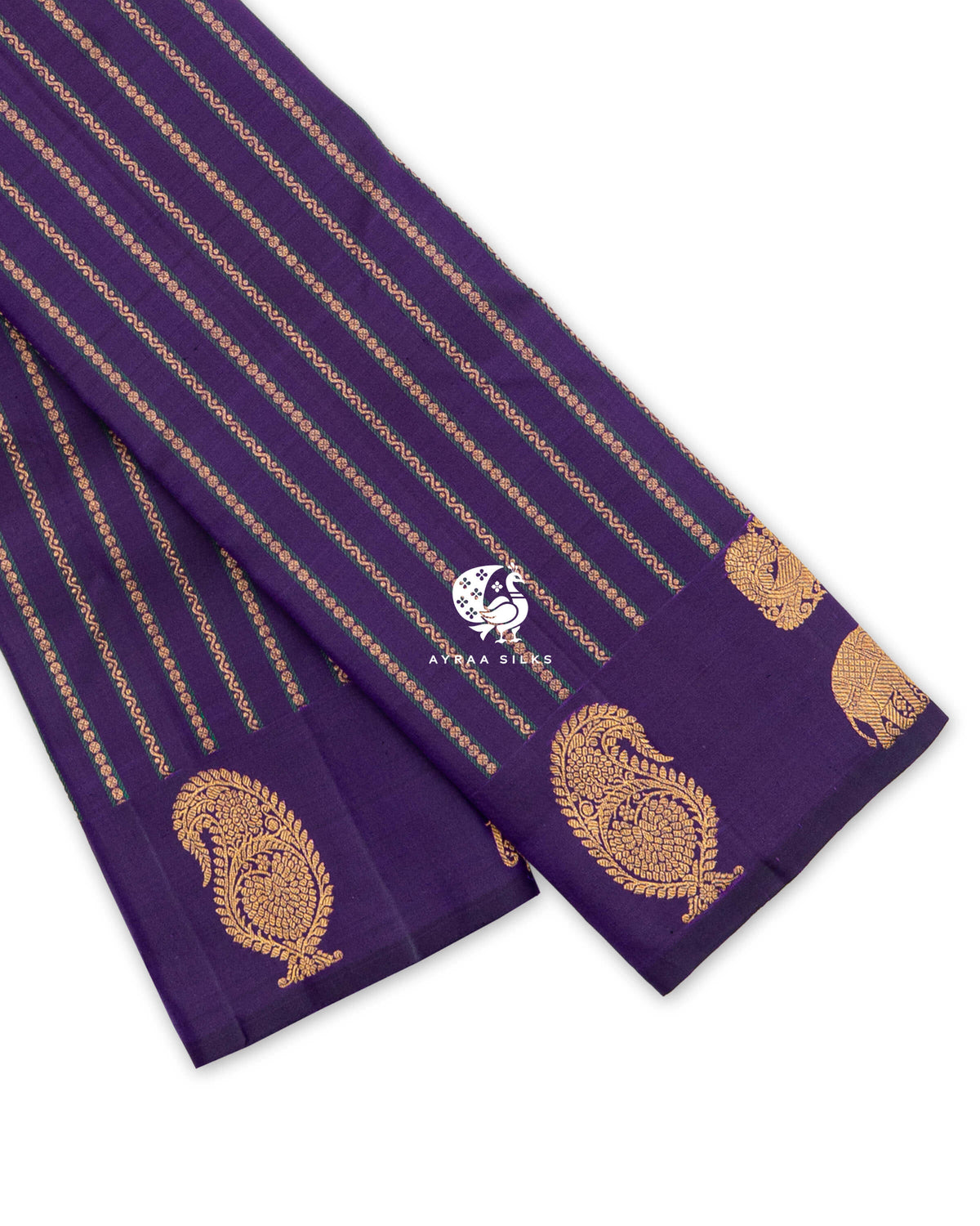 Purple Kanchipuram pattu saree with zari stripes and large manga, Yaanai (elephant) and Mayil (peacock) zari buttas on the border
