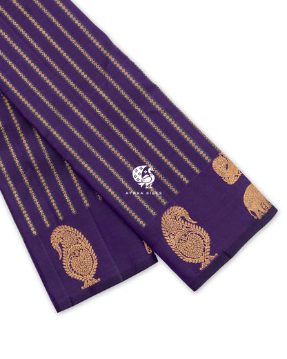Purple Kanchipuram pattu saree with zari stripes and large manga, Yaanai (elephant) and Mayil (peacock) zari buttas on the border