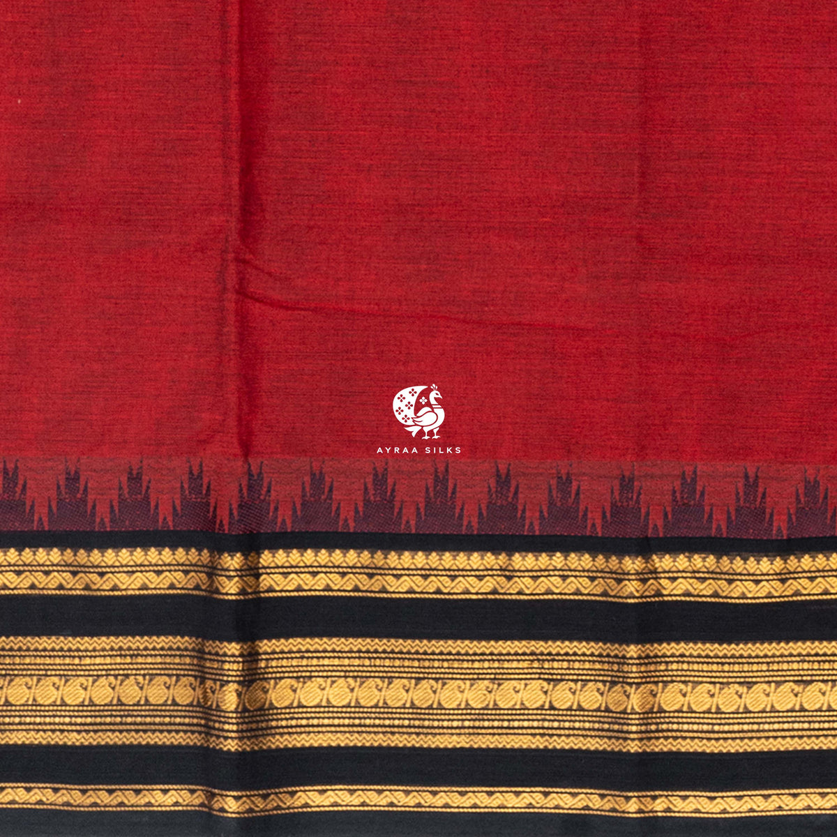 Close view of the running blouse and black and gold zari border with paisley and geometric bands