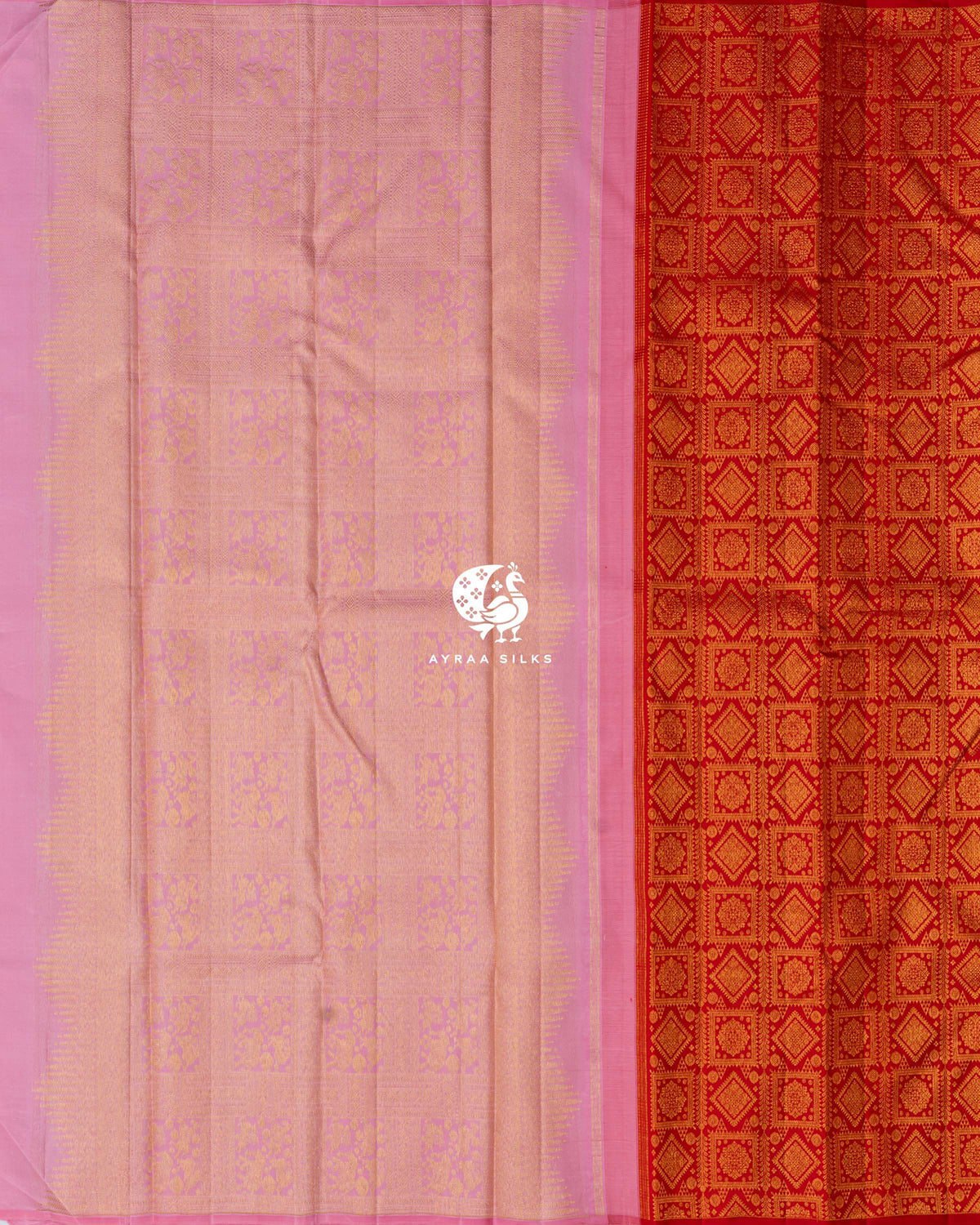 Contrast baby pink zari pallu with temple edges beside the red zari brocade body of the Kanchipuram silk saree