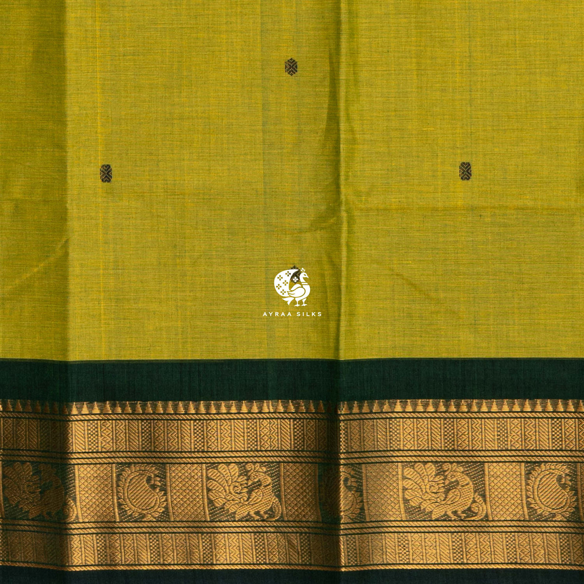 Mehendi green cotton body meeting the bottle green and gold zari border
