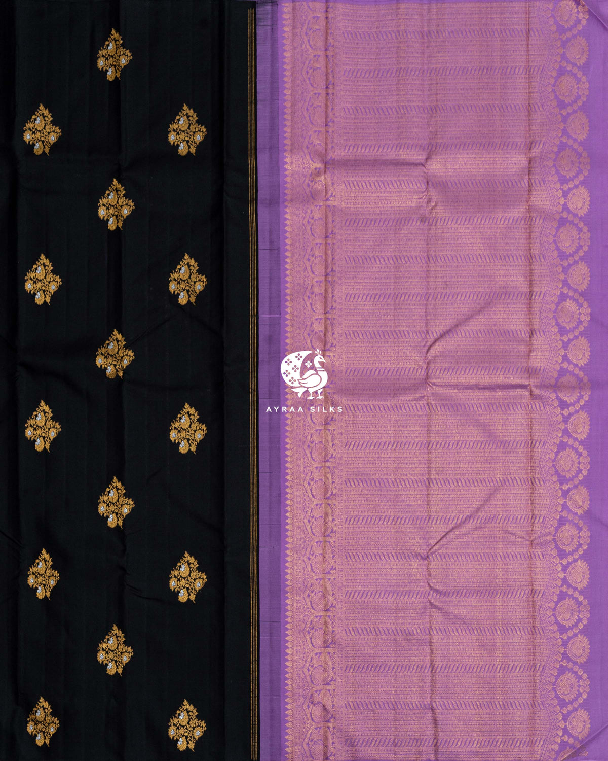 Contrast lavender zari pallu in fine stripes with floral side borders beside the black body with gold zari buttas