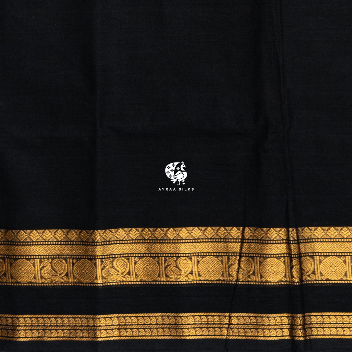 Black and Gold Mayil Kanchi cotton saree in black with gold zari, view 5 of 6 — handwoven pure cotton, Ayraa Silks