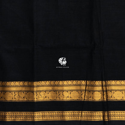 Black and Gold Mayil Kanchi cotton saree in black with gold zari, view 5 of 6 — handwoven pure cotton, Ayraa Silks