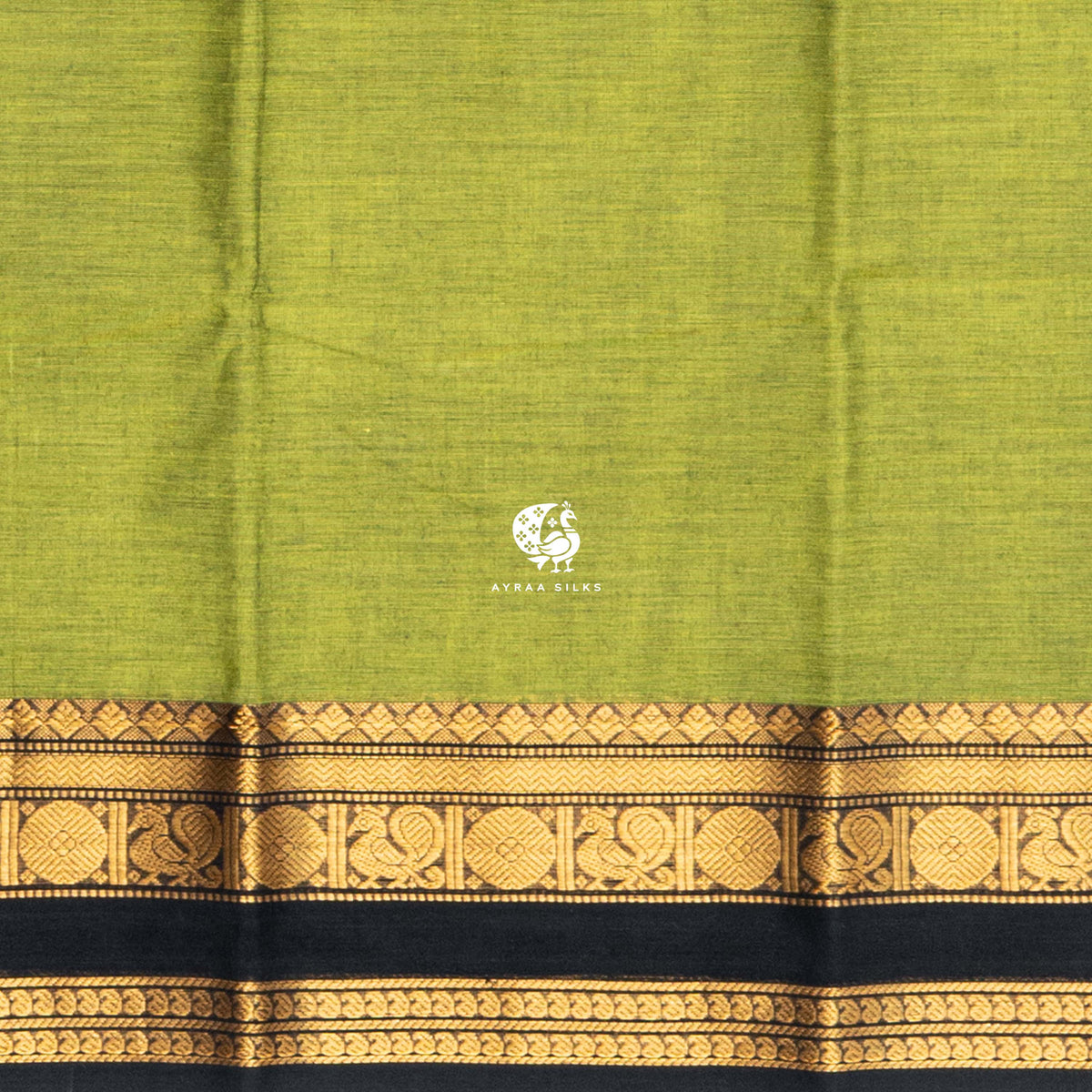 Close view of the running blouse -  black zari border with mayil roundels and paisley on mehendi green