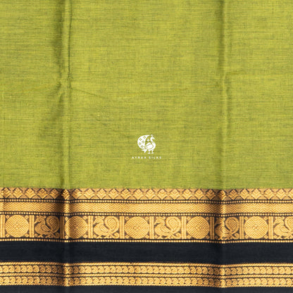 Close view of the running blouse -  black zari border with mayil roundels and paisley on mehendi green