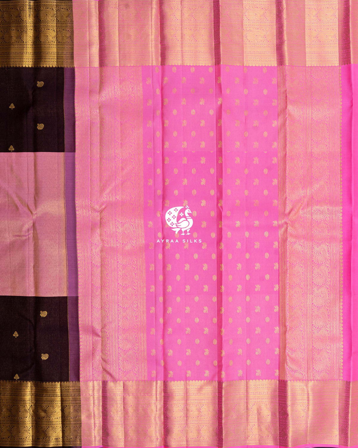 Coffee brown and rose pink Kanchipuram silk saree body with contrast bright pink pallu woven with zari buttas and zari borders