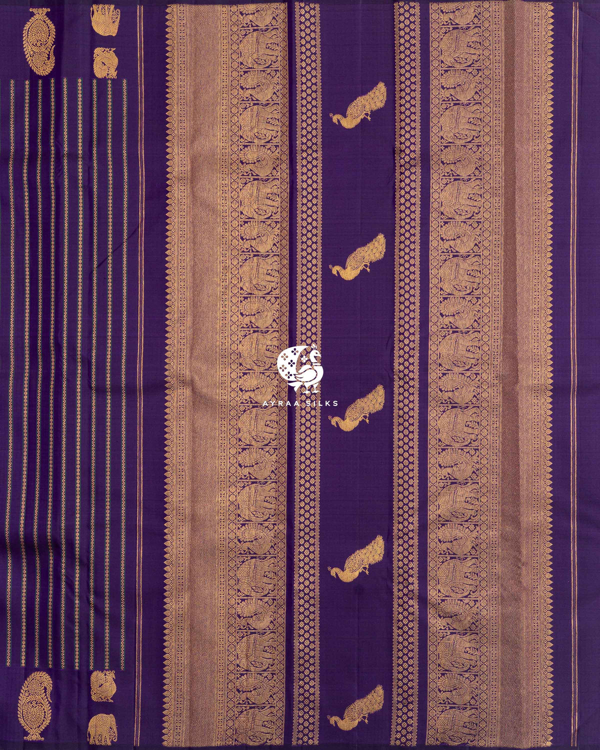 Purple zari pallu with bands of elephant and manga motifs and Mayil (peacock) zari buttas, beside the zari-striped body