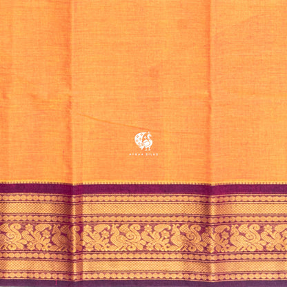 Orange and Purple Mayil Kanchi cotton saree in marigold orange with wine purple, view 6 of 6 — handwoven pure cotton, Ayraa Silks