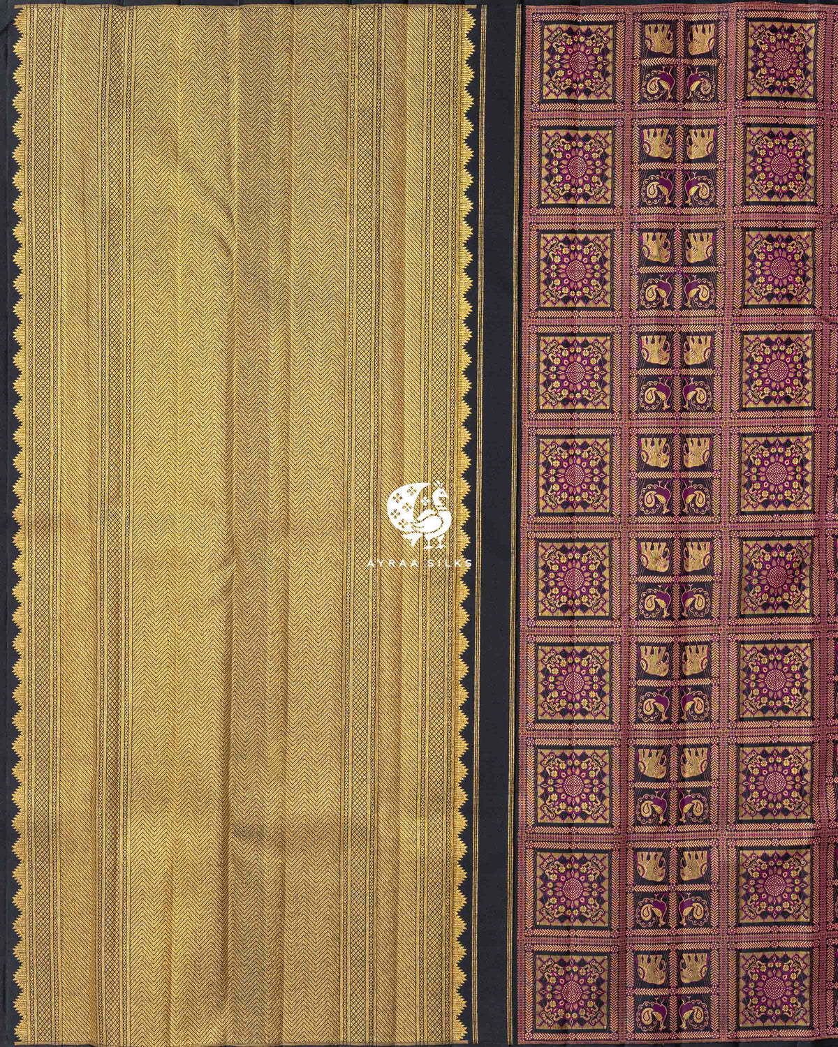Rich gold zari pallu in chevron weave with temple edges beside the black and purple brocade body