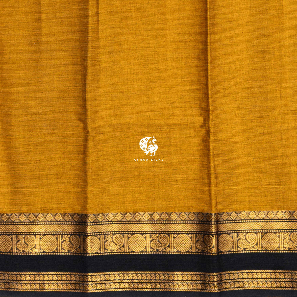 Close view of the running blouse and black zari border with peacock roundels and paisley