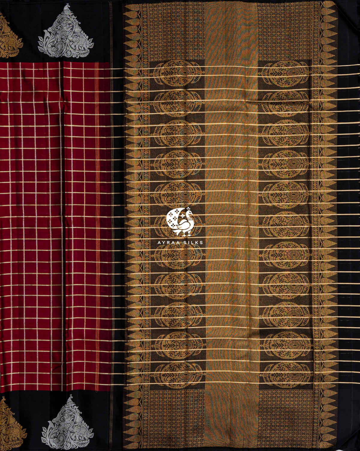 Black pallu with zari medallions, multicolour threadwork and zari stripes beside the maroon checked body