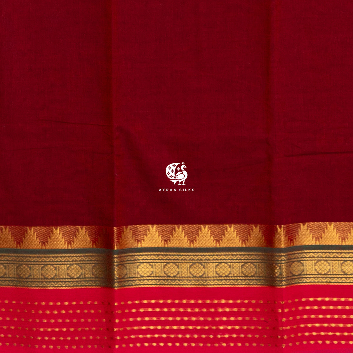 Close view of the running blouse -  temple kumbam border in gold zari with a green band and pink outer edge