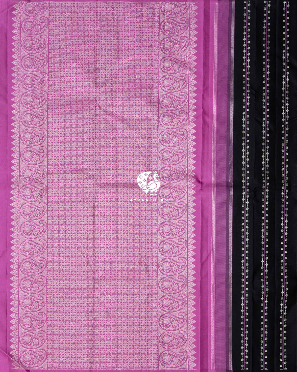 Contrast orchid pink zari pallu in a grid of manga (paisley) and floral motifs with large manga side borders, beside the black striped body