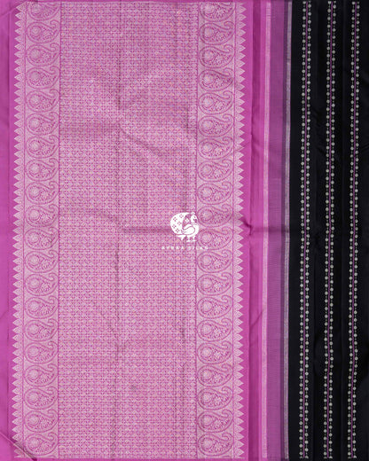 Contrast orchid pink zari pallu in a grid of manga (paisley) and floral motifs with large manga side borders, beside the black striped body