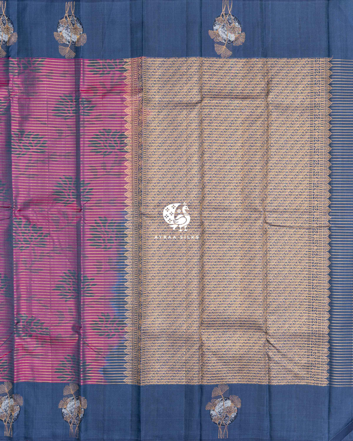 Flat view of the magenta ikat body and the zari pallu with a slate blue wave pattern and kovil (temple) edge, Magenta and Slate Blue Ikat Ginkgo Moon Kanchipuram silk saree, Ayraa Silks