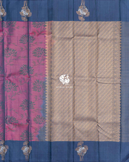 Flat view of the magenta ikat body and the zari pallu with a slate blue wave pattern and kovil (temple) edge, Magenta and Slate Blue Ikat Ginkgo Moon Kanchipuram silk saree, Ayraa Silks