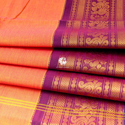 Orange and Purple Mayil Kanchi cotton saree in marigold orange with wine purple, view 3 of 6 — handwoven pure cotton, Ayraa Silks