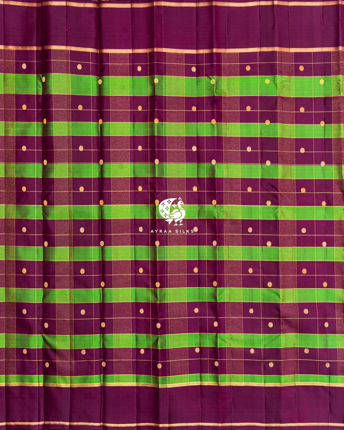 Full body view of wine Kanchipuram silk saree with green Kattam (checks), round zari buttas and wine borders