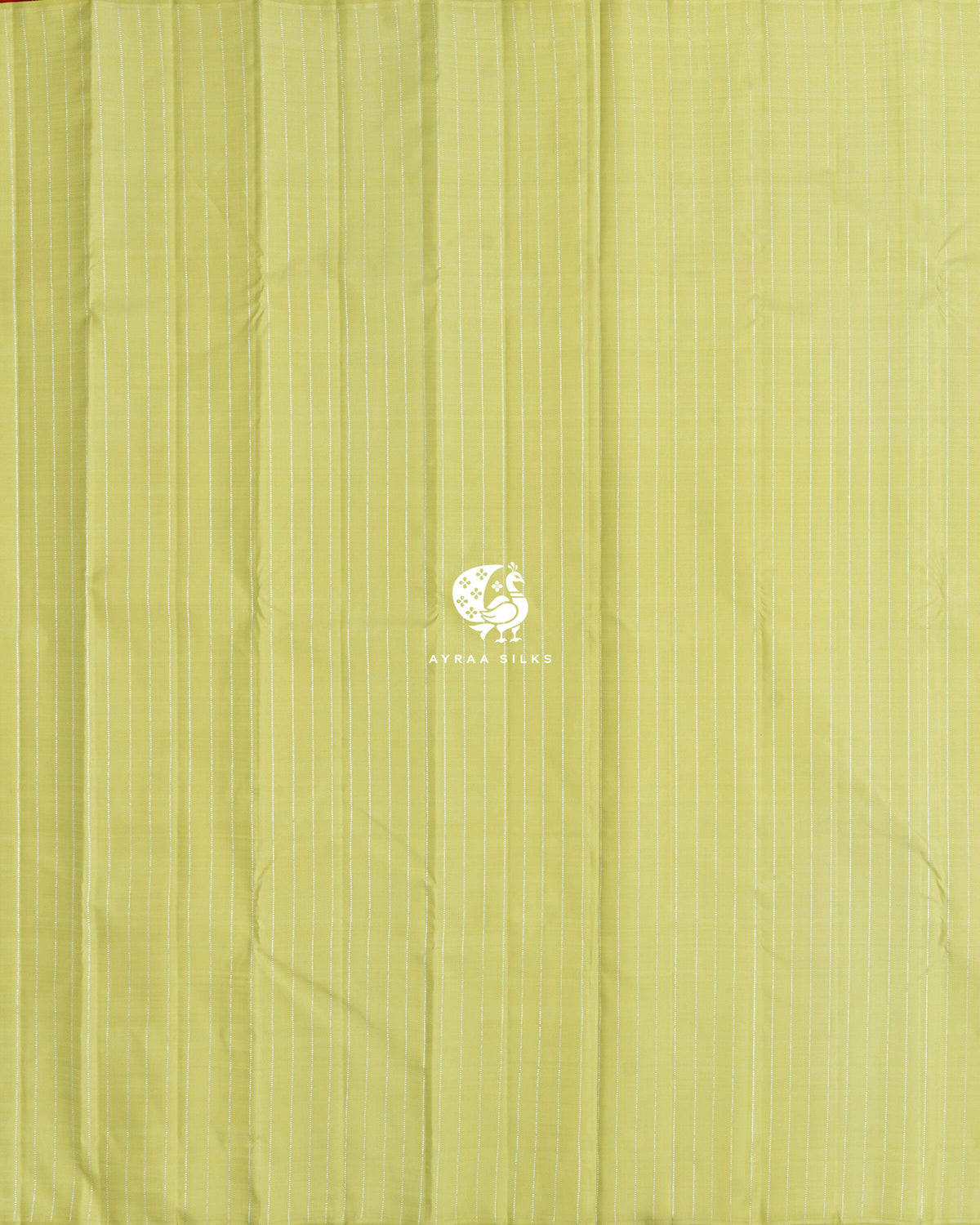Full body view of the pista green Kanchipuram silk saree with silver zari stripes from edge to edge