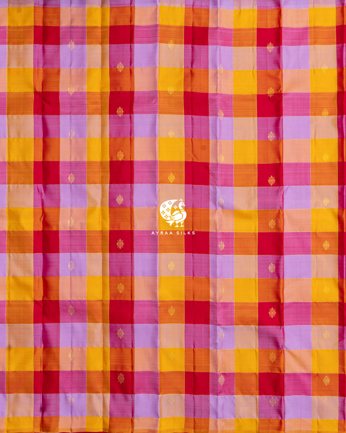 Full body view of the multicolour Kattam Kanchipuram silk saree with kolam zari buttas across the checks