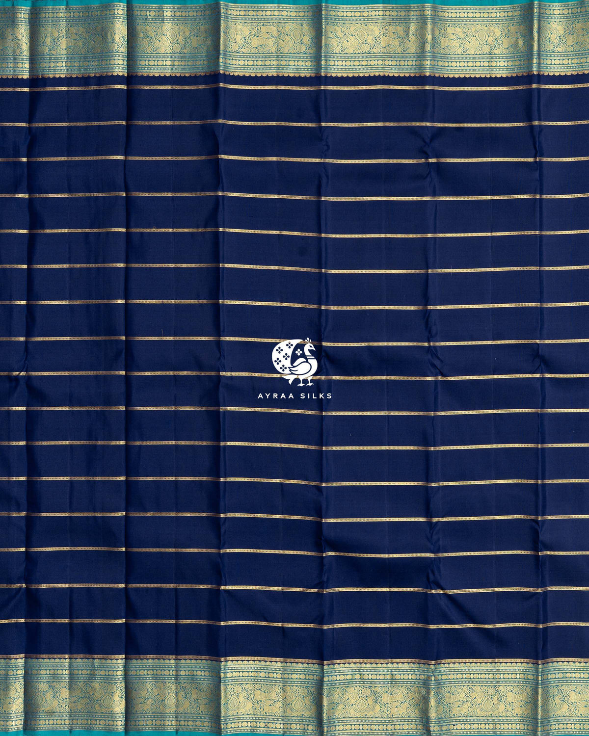 Full body view of navy blue Kanchipuram silk saree with gold zari Vari (stripes) and teal zari borders