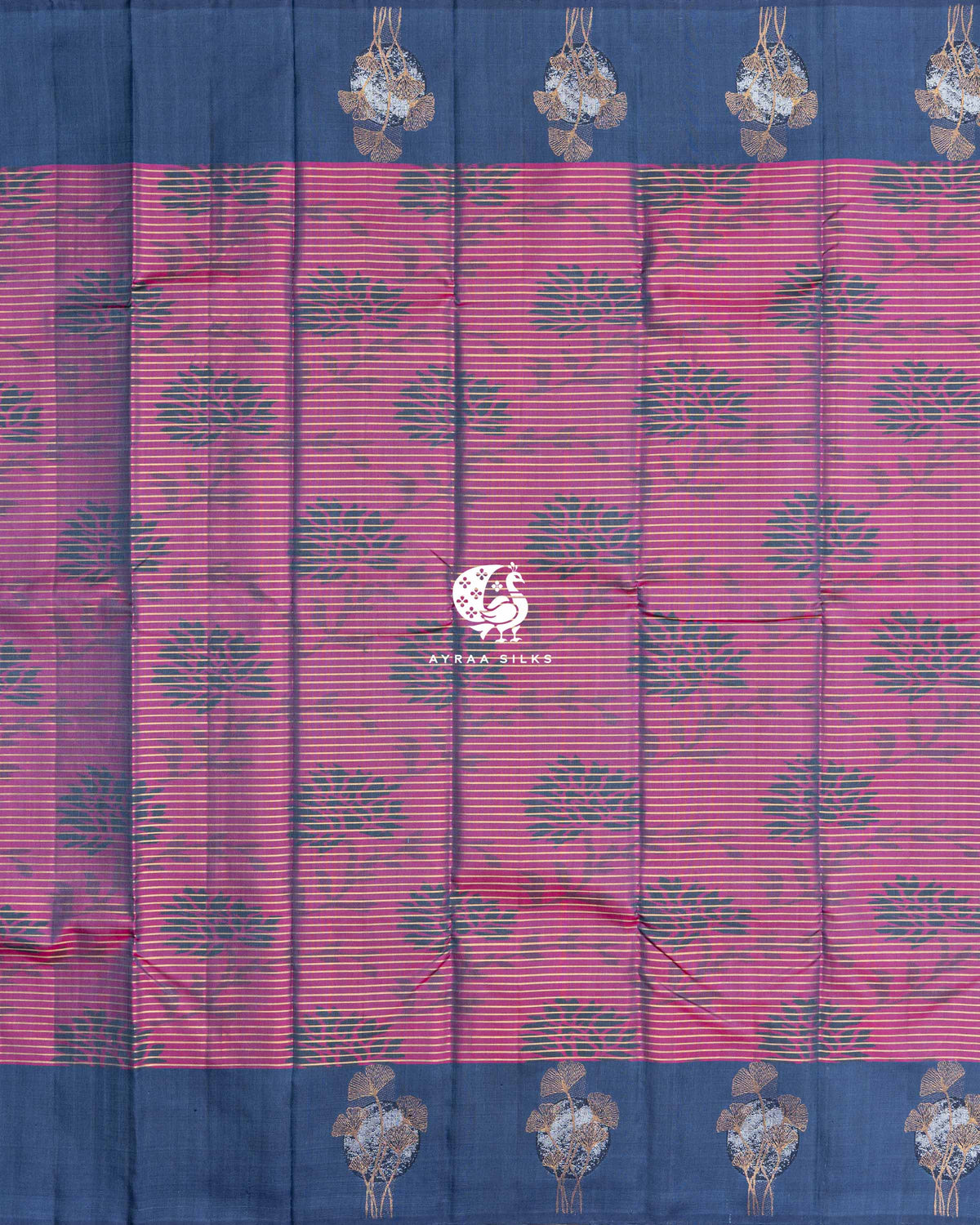 Full-width view of the magenta ikat body with slate blue tree motifs between two slate blue ginkgo moon borders, Magenta and Slate Blue Ikat Ginkgo Moon Kanchipuram silk saree, Ayraa Silks