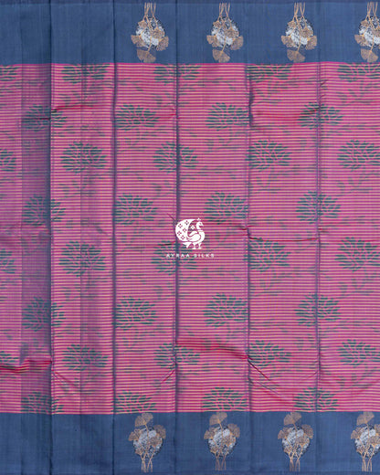 Full-width view of the magenta ikat body with slate blue tree motifs between two slate blue ginkgo moon borders, Magenta and Slate Blue Ikat Ginkgo Moon Kanchipuram silk saree, Ayraa Silks