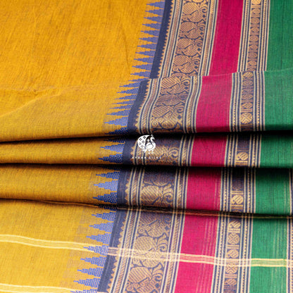 Folded stack showing the three pettas of the border in blue, pink and green