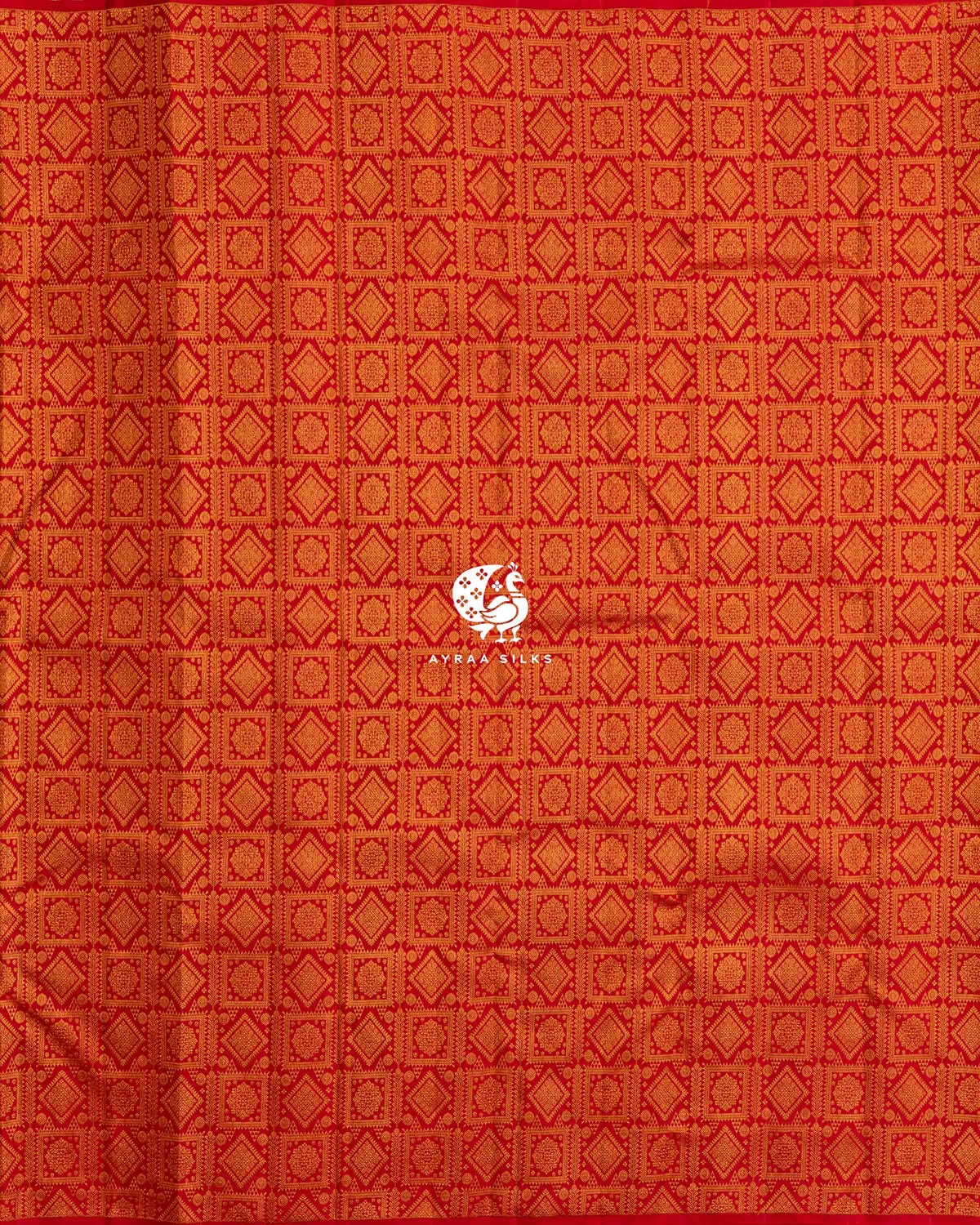 Full body view of the red Kanchipuram silk saree with all-over zari brocade in square and diamond frames