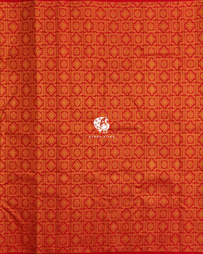 Full body view of the red Kanchipuram silk saree with all-over zari brocade in square and diamond frames