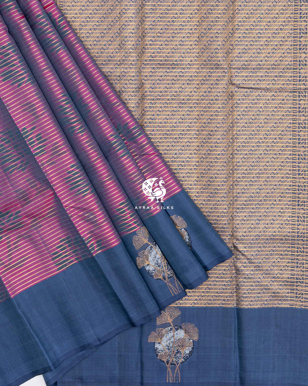 Pleated magenta ikat body with slate blue ginkgo moon border beside the zari pallu, Magenta and Slate Blue Ikat Ginkgo Moon Kanchipuram silk saree, Ayraa Silks