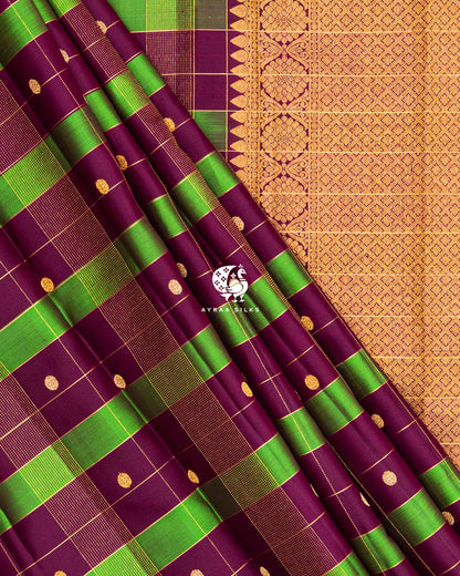 Pleats of Wine and Green Kattam Kanchipuram silk saree laid over its gold zari pallu and wine border