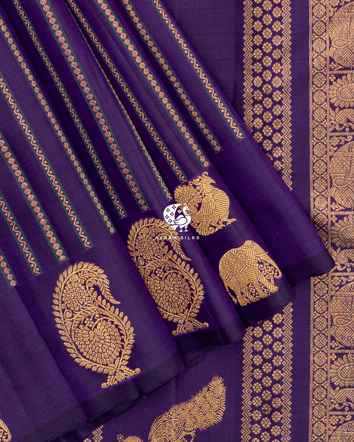 Close view of manga (paisley), Yaanai (elephant) and Mayil (peacock) zari buttas on the self colour purple border