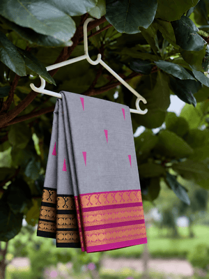 Grey Ganga Jamuna Kanchi cotton saree in grey with rani pink and black, pink thread buttas across the body — handwoven pure cotton, Ayraa Silks