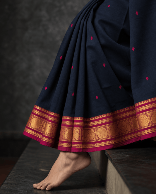Blue and Pink Butta Kanchi cotton saree in navy blue with rani pink, pink thread buttas across the body — handwoven pure cotton, Ayraa Silks