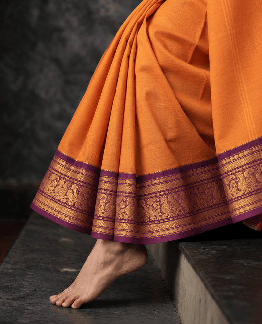 Orange and Purple Mayil Kanchi cotton saree in marigold orange with wine purple, plain body — handwoven pure cotton, Ayraa Silks