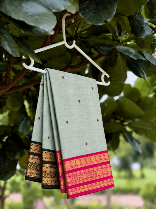 Grey Maroon Butta Ganga Jamuna Kanchi cotton saree in grey with rani pink and black, maroon thread buttas across the body — handwoven pure cotton, Ayraa Silks