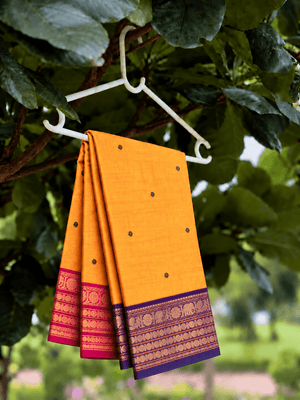 Mustard Kanchi cotton saree with purple buttas and Ganga Jamuna zari borders in rani pink and purple, hung on a hanger under a tree