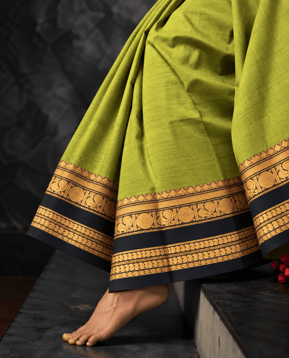 Mehendi green mayil Kanchi cotton saree draped, black and gold zari peacock border — handwoven pure cotton by Ayraa Silks